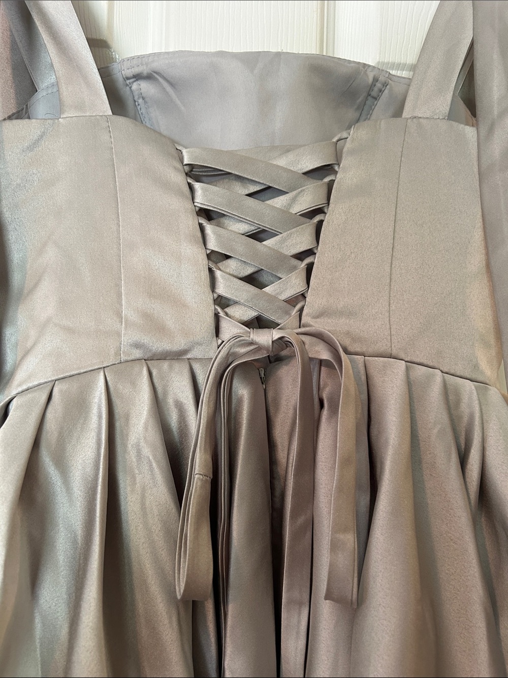 Silver Satin Fit-and-Flare Party Dress with Shoulder Ties and Corset back. - Picture 3 of 6